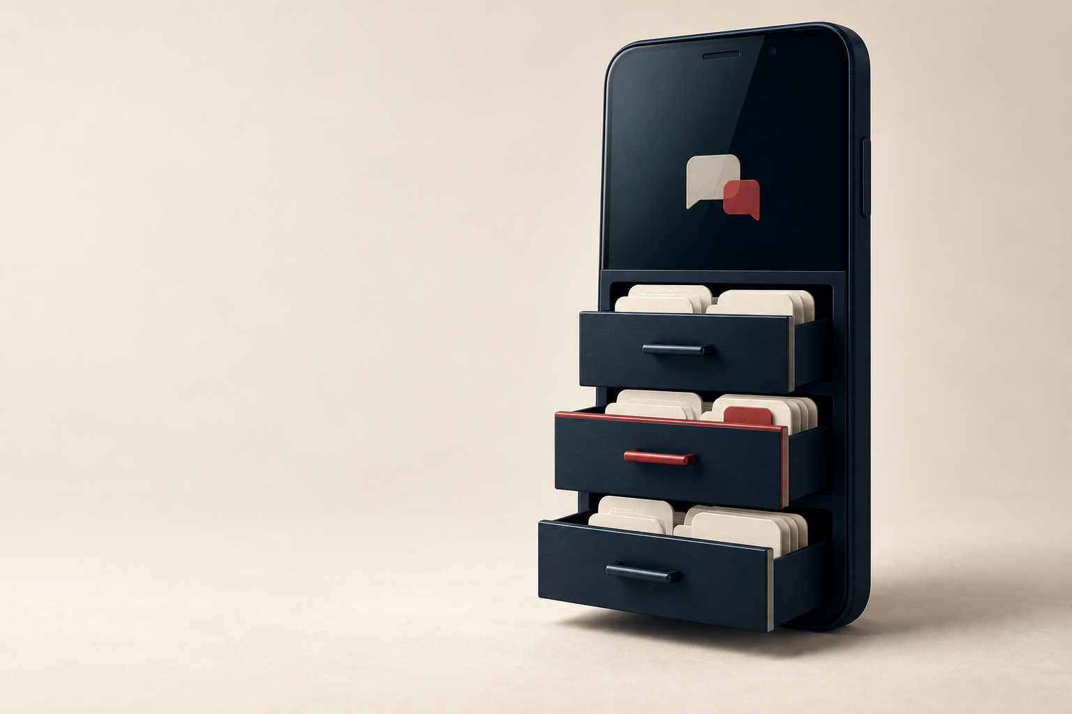 Ilustração de um celular com gavetas que organizam conversas